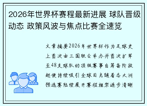 2026年世界杯赛程最新进展 球队晋级动态 政策风波与焦点比赛全速览 2026年世界杯赛程最新进展 球队晋级动态 政策风波与焦点比赛全速览